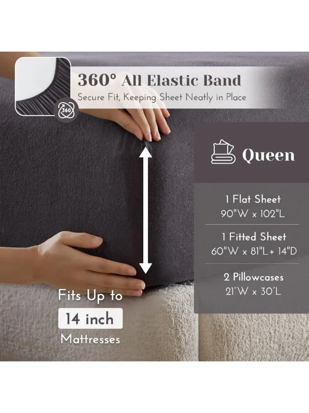 Ultra Soft Cotton Flannel Queen Sheet Set, 4-Piece Dark Grey Bedding, 14